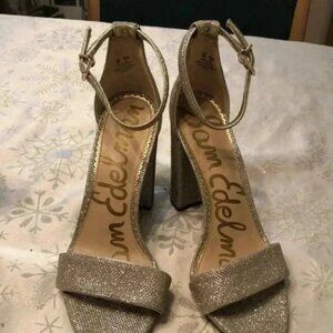 Sam Edelman silver Yaro sparkly sandals with block heel.